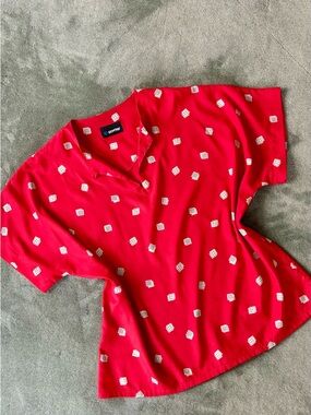 Porter Red Short-Sleeve V-Neck Blouse with White Dot Print